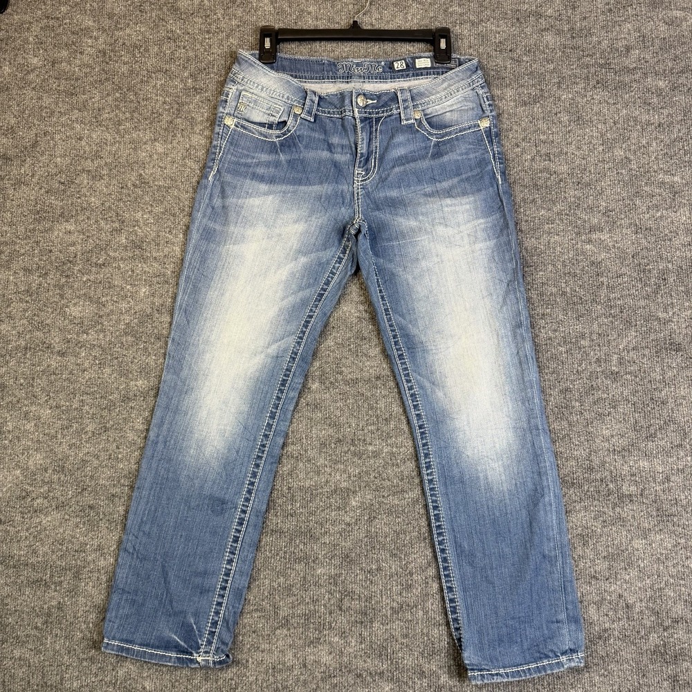 Miss Me Jeans Womens 28 Blue Mid Rise Easy Crop Western Embellished (32x27)
